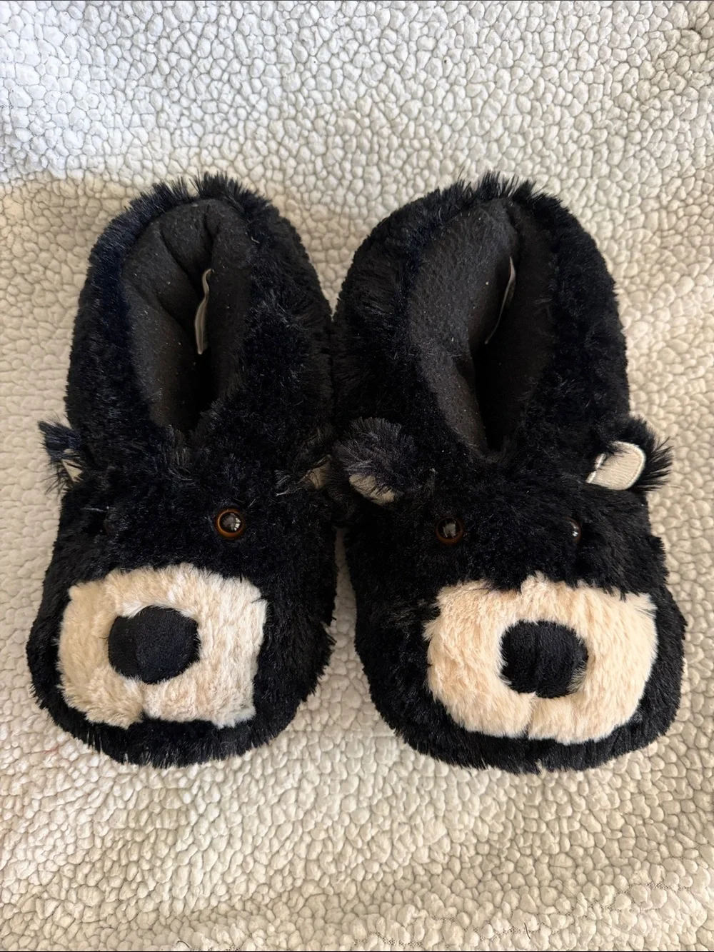 Black Bear Plush Kids Slippers - Cozy Furry Indoor Shoes size 13